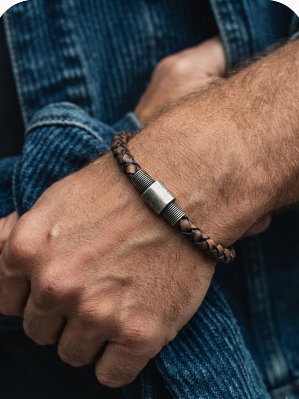 NEW Mens Bracelet Leather Braided 6mm Steel Magnetic Closure 8.5"